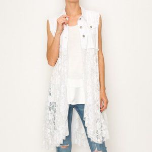 new ORIGAMI BOHO WESTERN MAGNOLIA WHITE denim & lace cardigan vest duster LG-3X